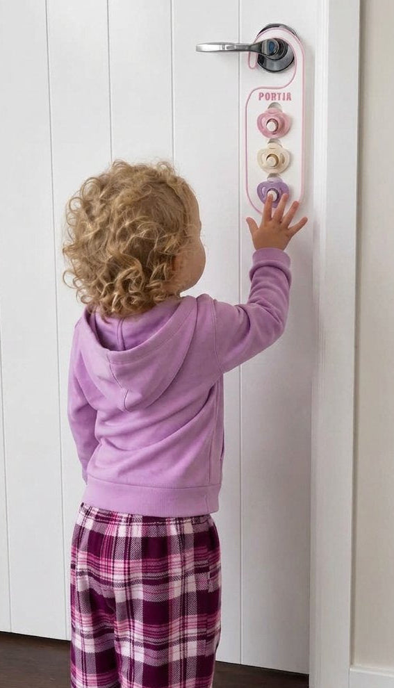 A toddler with curly blonde hair stands in front of a white door, pressing colorful buttons on a vertical door alarm device. The child is wearing a lavender hoodie and purple-and-white plaid pajama pants.
