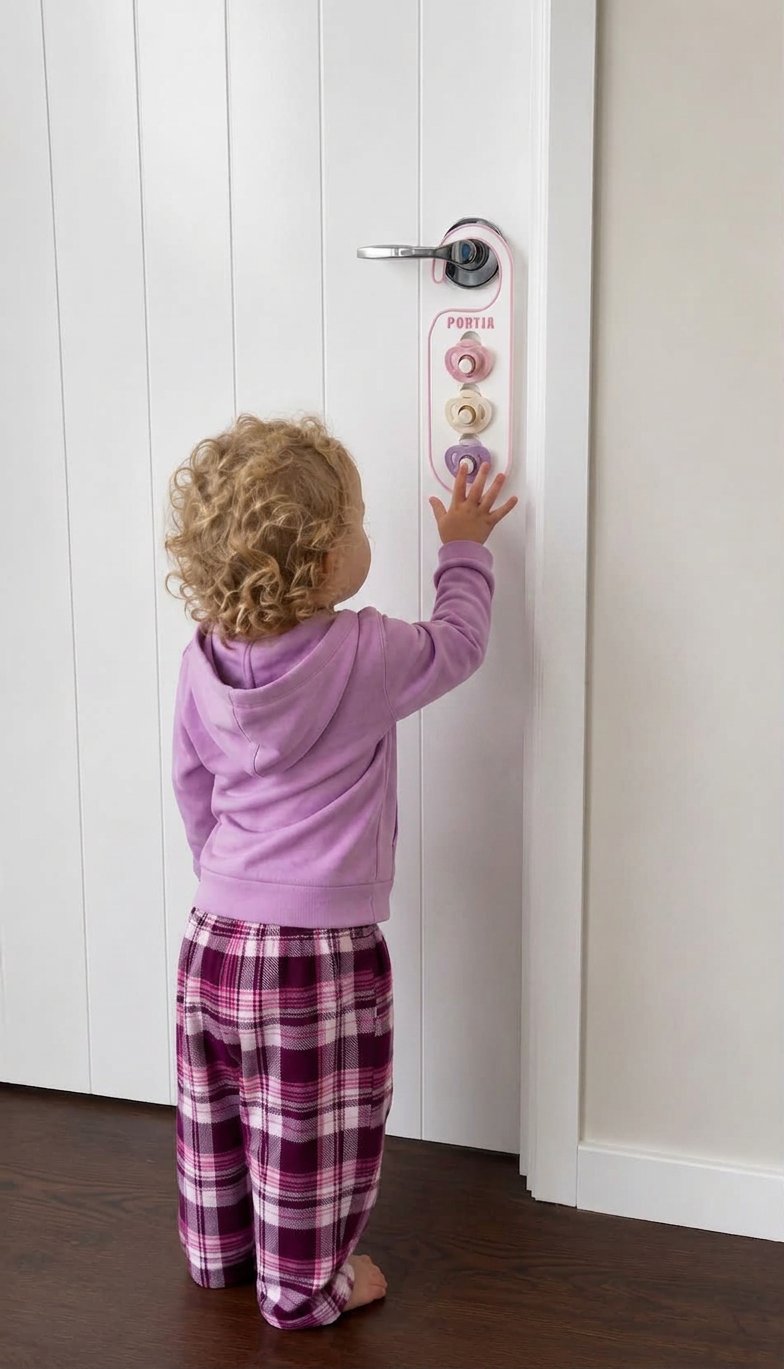 A toddler with curly blonde hair stands in front of a white door, pressing colorful buttons on a vertical door alarm device. The child is wearing a lavender hoodie and purple-and-white plaid pajama pants.
